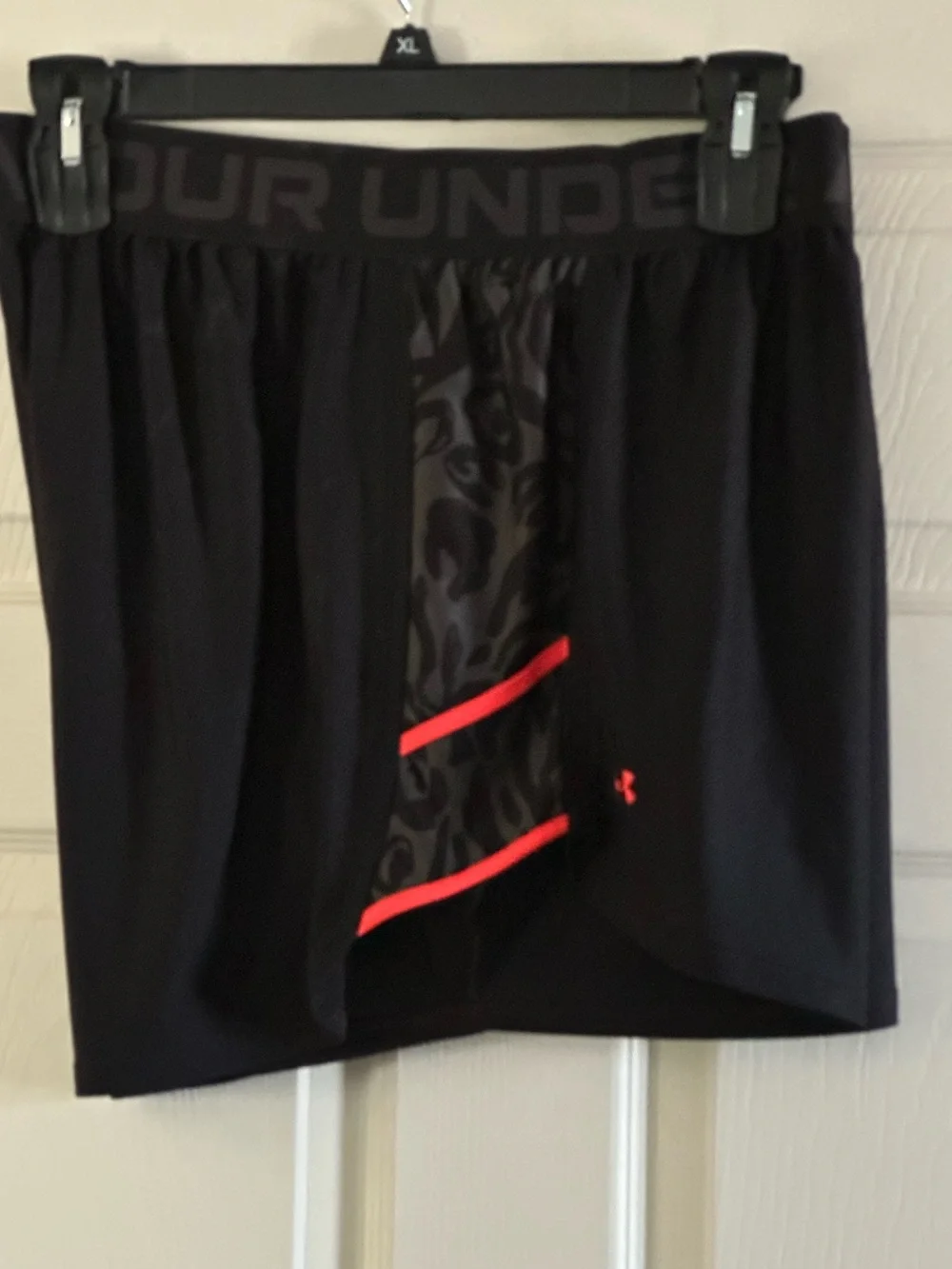 Under Armour Black Athletic Shorts with Gray Leopard Panel and Melon Color Trim